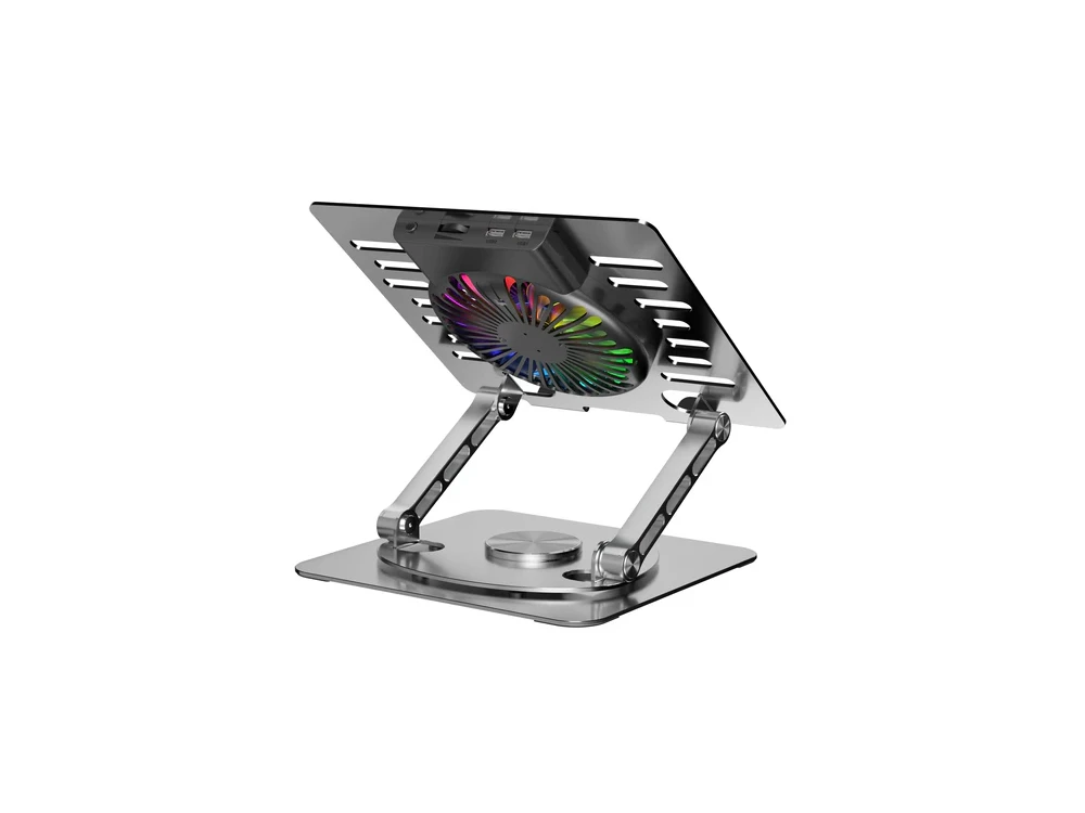Nordic Ergonomic Folding Aluminum Laptop Stand with RGB Heatsink, 360° Rotating & 2 USB Ports, for devices up to 15.6", Silver