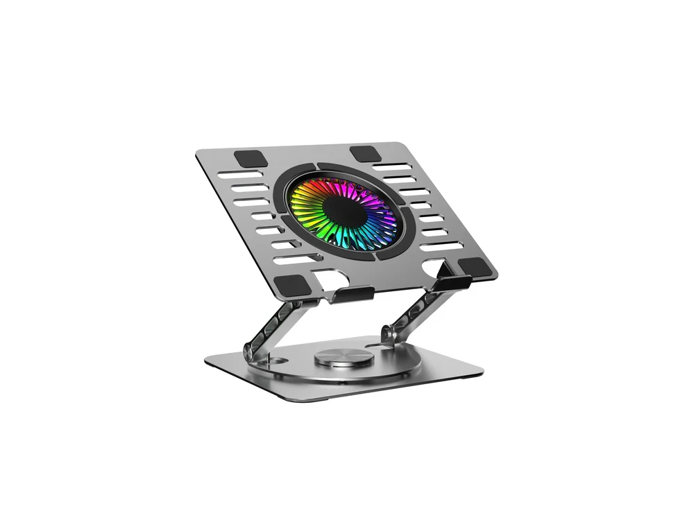 Nordic Ergonomic Folding Aluminum Laptop Stand with RGB Heatsink, 360° Rotating & 2 USB Ports, for devices up to 15.6", Silver