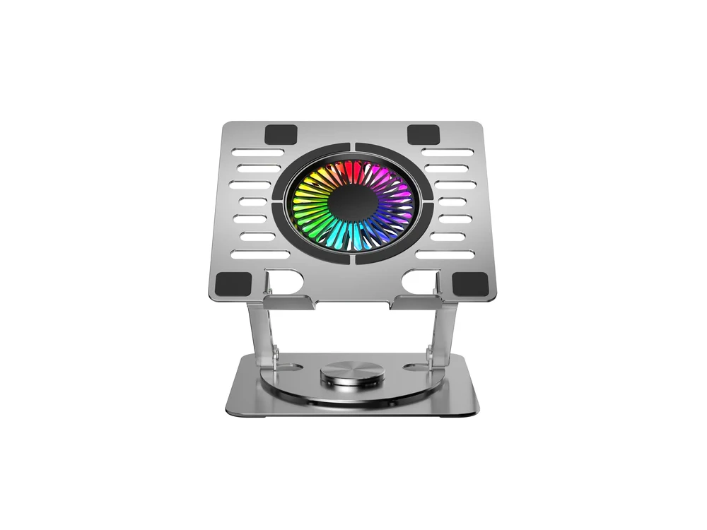Nordic Ergonomic Folding Aluminum Laptop Stand with RGB Heatsink, 360° Rotating & 2 USB Ports, for devices up to 15.6", Silver