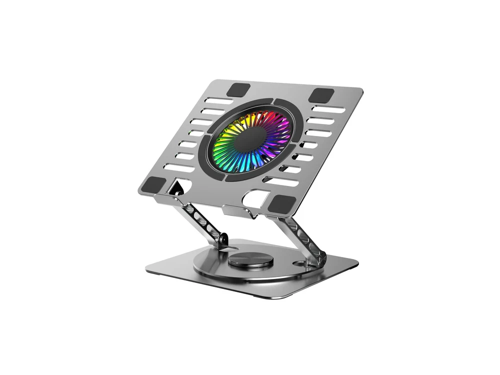 Nordic Ergonomic Folding Aluminum Laptop Stand with RGB Heatsink, 360° Rotating & 2 USB Ports, for devices up to 15.6", Silver