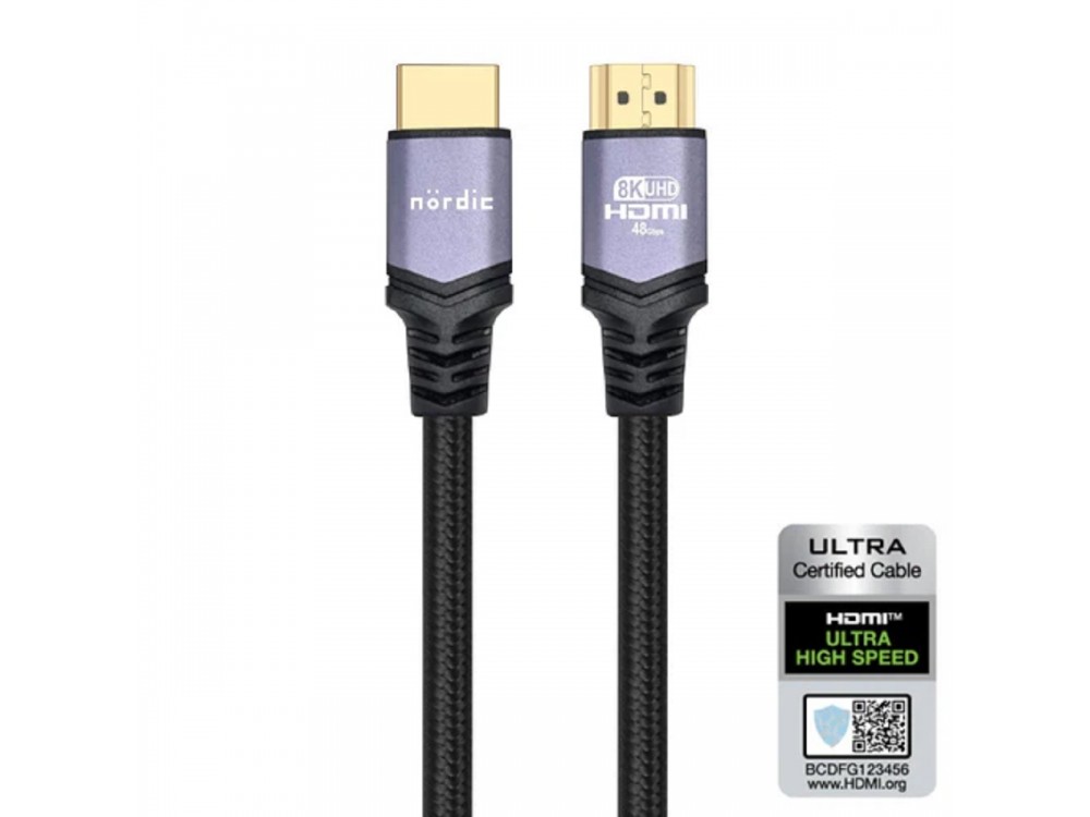 Nordic HDMI v2.1, 3μ. 8K@60Hz, eARC, 48Gbps, HDR, Καλώδιο με Νάυλον Ύφανση | Ultra High Speed Certified, Black