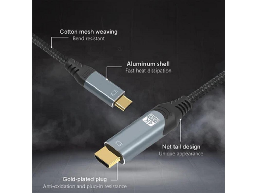 Nordic USB-C to HDMI 4K@60Hz Adapter 3μ. Καλώδιο με Νάυλον ύφανση (Thunderbolt / HDMI 2.0), Black