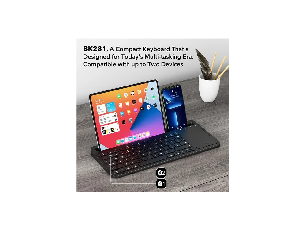 Nordic Ultra Slim Bluetooth Multi-Device Keyboard with Touchpad & Tablet / Smartphone Holder, Black