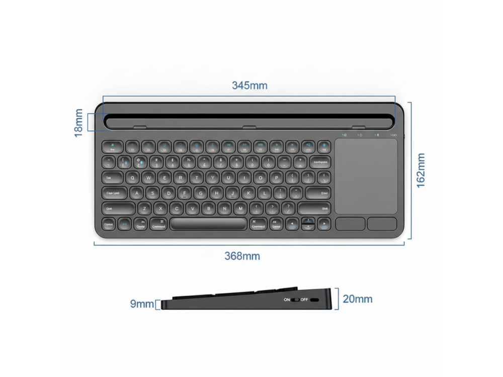 Nordic Ultra Slim Bluetooth Multi-Device Keyboard with Touchpad & Tablet / Smartphone Holder, Black