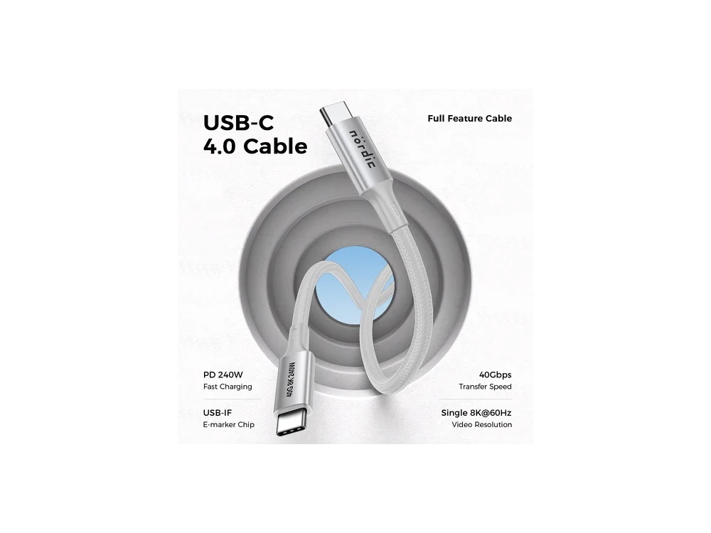 Nordic USB-C to USB-C Cable 50cm Thunderbolt 4.0 240W / 40Gbps, USB 4.0, 8K60Hz, with Nylon Weave, White