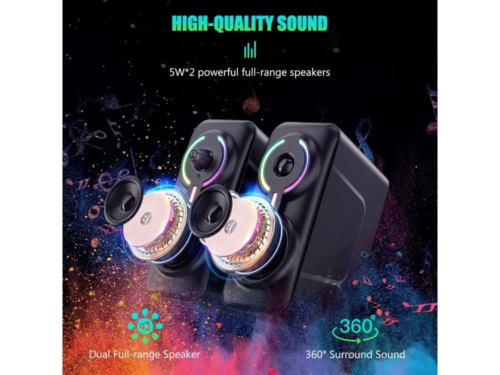 Onikuma L6 Bluetooth 5.0 Gaming Speakers, Computer Speakers 2.0 with 10W Power & RGB, Black
