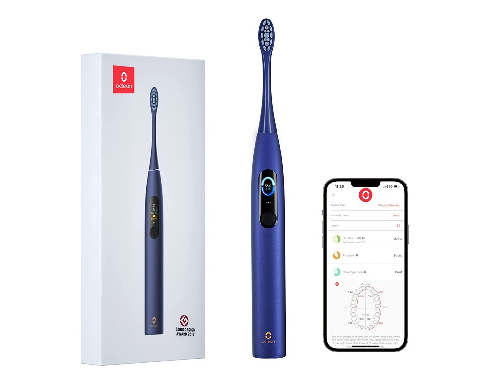 Oclean X Pro Smart Ηλεκτρική Οδοντόβουρτσα με Ίνες DuPont, με Βάση Φόρτισης, Quick Charge & Interactive Display, Blue