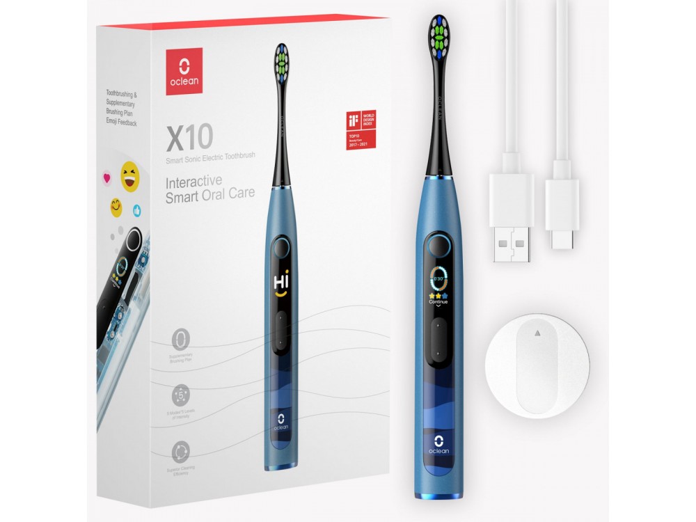 Oclean X10 Smart Electric Toothbrush with DuPont Fibers, WhisperClean™ Noise Reduction, Quick Charge & Interactive Display, Blue