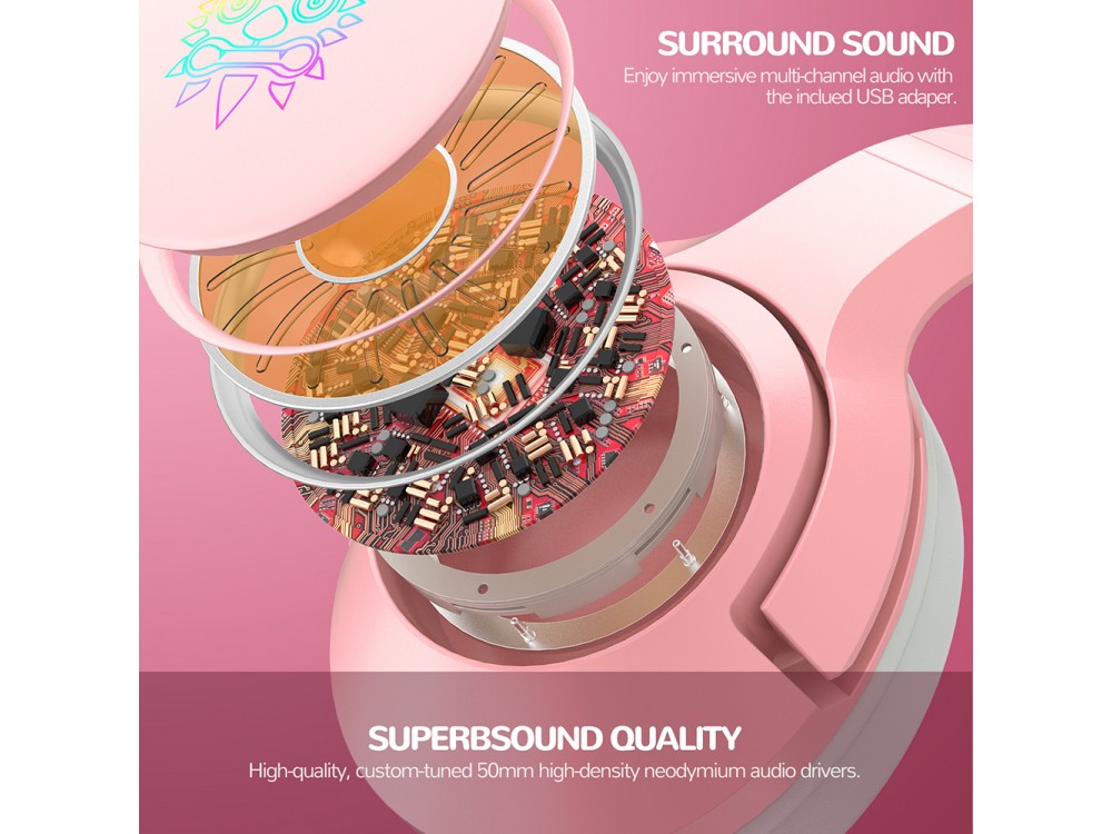 Onikuma K9 Pink Kitty Quartz RGB Gaming Headset 7.1 με Σύνδεση USB & Noise-cancelling Microphone