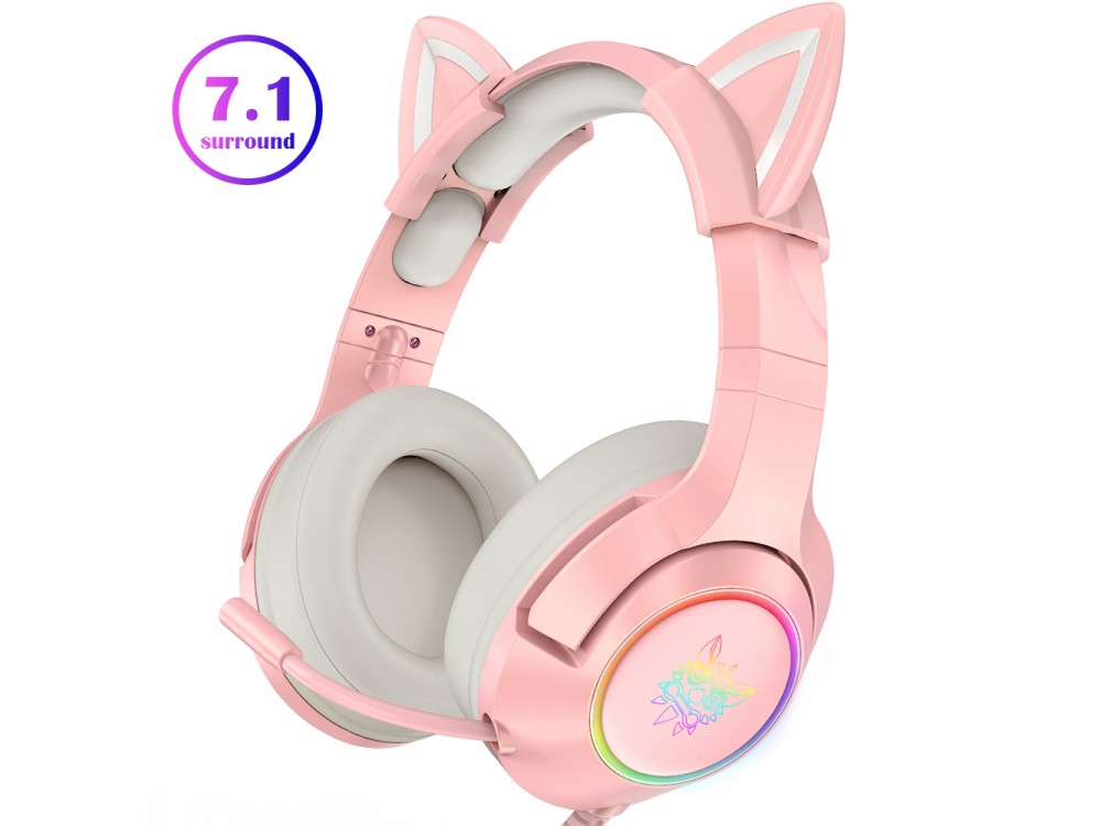 Onikuma K9 Pink Kitty Quartz RGB Gaming Headset 7.1 with USB Cable & Noise-cancelling Microphone