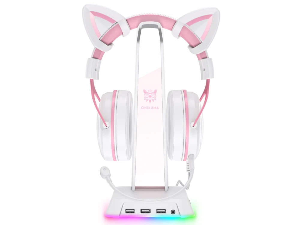 Onikuma ST-2 Headphone Stand & Hanger RGB, Base / Stand for Headset / Headphones with 3 USB Ports + 1 AUX Port, Pink