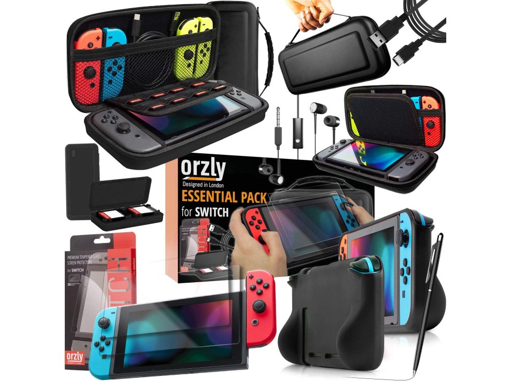 Orzly Nintendo Switch Accessories Bundle - 2x Glass Screen Protector, USB charging cable, Concole Pouch, Comfort Grip Case, Headphones  - Black