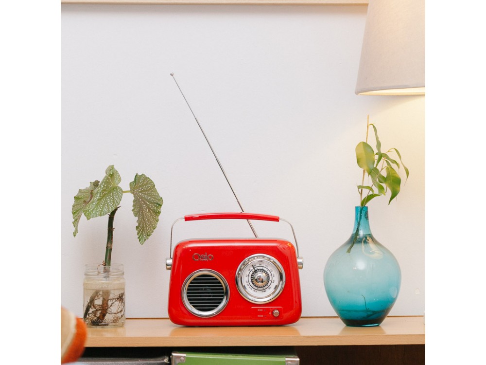 Osio OPR-3040B Retro Portable Analog Radio 24W with Bluetooth, AUX, USB, FM, Subwoofer & Battery Life up to 7 Hours, Red