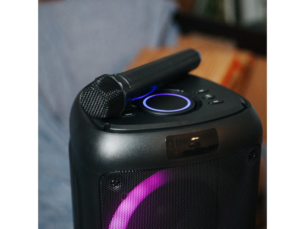 Osio Φορητό ηχείο Bluetooth 80W & Σύστημα Karaoke με Ασύρματo Μικρόφωνo, RGB LED, FM Radio, USB, AUX, TF & Δυνατότητα TWS, Black