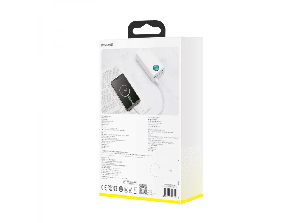 Baseus Amblight Power Bank 30000mAh 65W with 4 USB-A Ports & 1 USB-C Port Power Delivery / Quick Charge 3.0, White