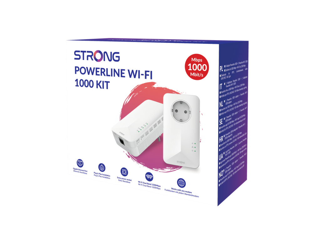 Strong Powerline 1000 Duo WiFi, Powerline Double for Wired Connection with WiFi, Passthrough Socket and Ethernet Port