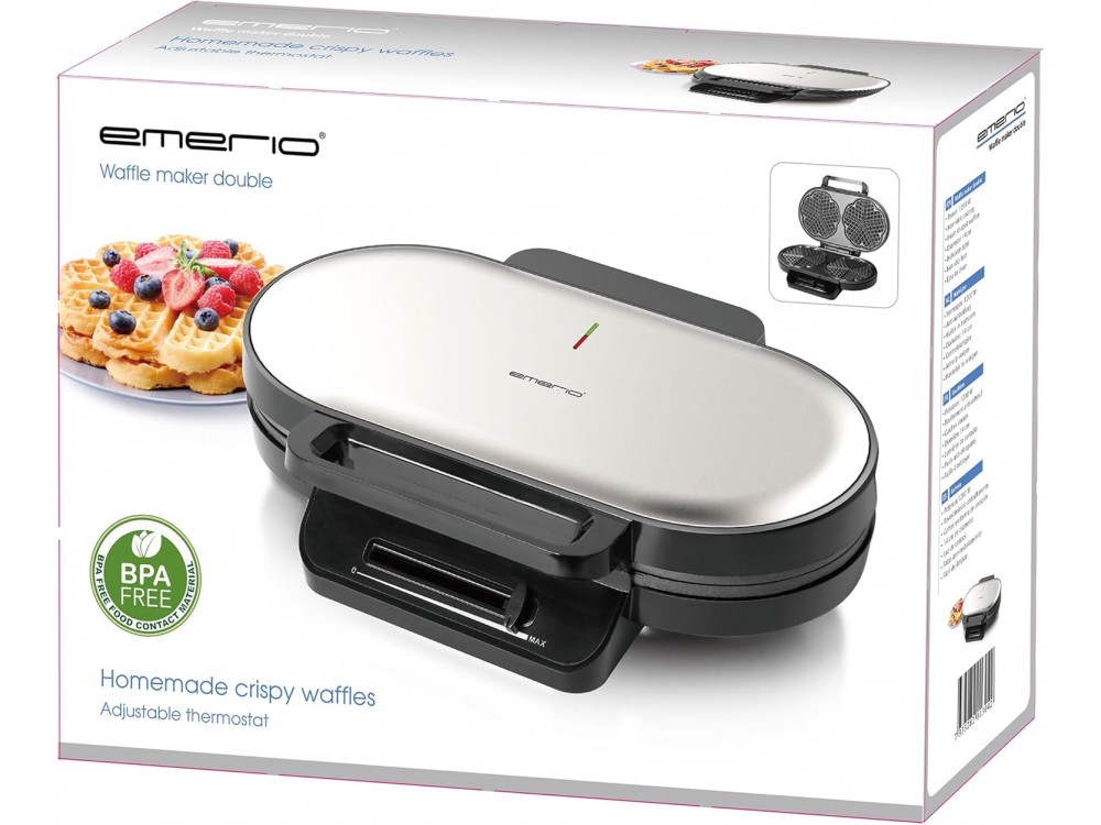 Emerio Waffle Maker, Double Waffle Maker 1200 W with Adjustable Temperature, For 10 Heart-Shaped Waffles, BPA-Free