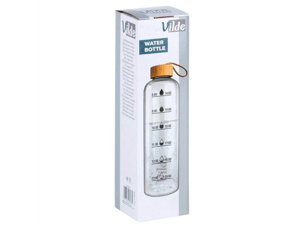 Vilde Water Bottle Glass 1L, Glass Bottle with Time Indicator with Bamboo Lid & Airtight Closure