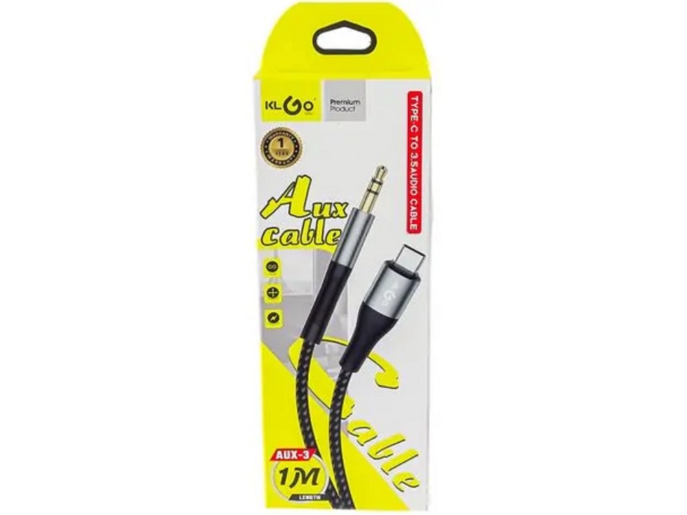 KLGO AUX-3 3.5mm AUX Audio Adapter Male to Type-C 1m Nylon Braided, Black