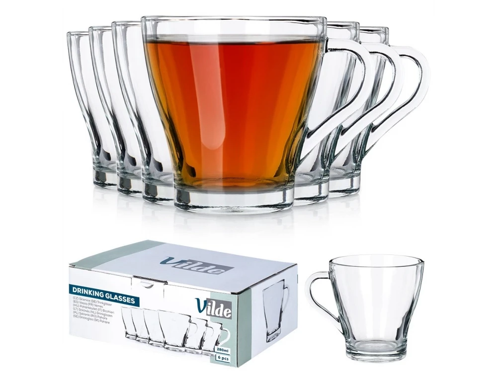 Vilde Premium Coffee / Tea Cups set of 6 250ml, Glass with Handle
