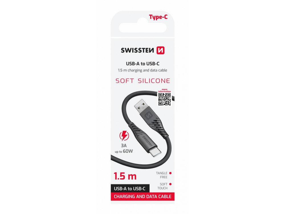 Swissten USB-C to USB-C Cable 1.5m. Soft Silicone, Black