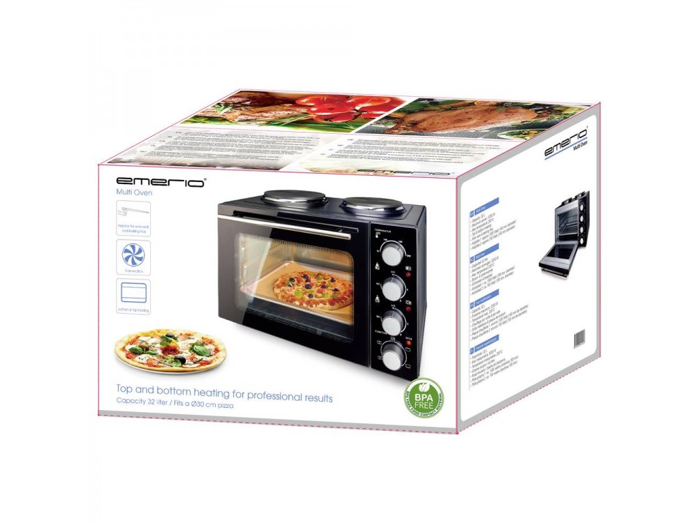 Emerio Mini Oven, Φουρνάκι 32L με 2 Εστίες, Built-In Light, Διπλή Θερμομονωτική Πόρτα, Black