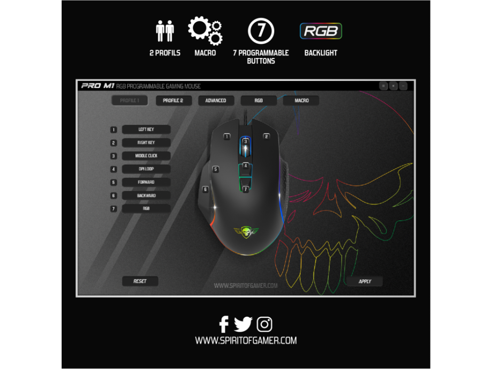 Spirit of Gamer Pro M1 RGB Optical Gaming Mouse, 8000 DPI, 7 Buttons - Μαύρο