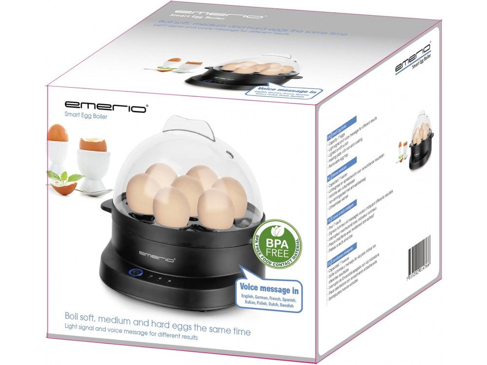 Emerio Egg Boiler, 7 Egg Boiler 350W with 3 Boiling Levels and Voice Alerts, Black