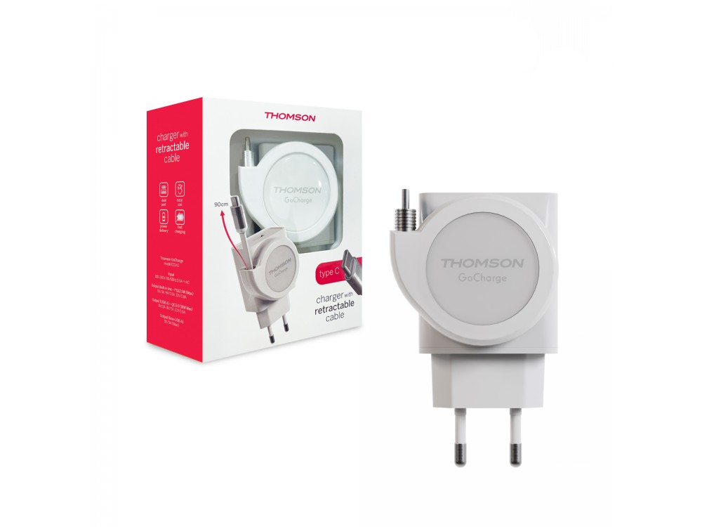 Thomson GoCharge PD 22.5W με Ενσωματωμένο Καλώδιο 90cm & USB-A Θύρα 18W QC3.0, White