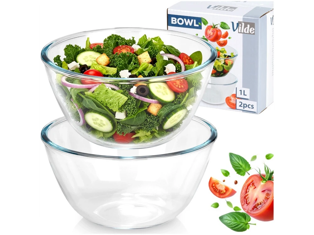 Vilde Serving Bowl Glass, Salad Bowls 1L set of 2, Glass