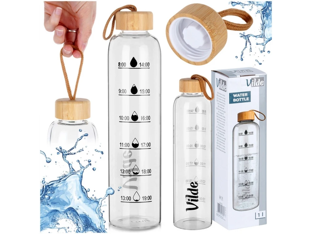 Vilde Water Bottle Glass 1L, Glass Bottle with Time Indicator with Bamboo Lid & Airtight Closure