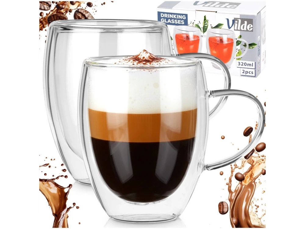Vilde Premium Double Walled Glass, Cappuccino / Latte Macchiato Cups Set of 2 370ml Made of Double Borosilicate Glass,