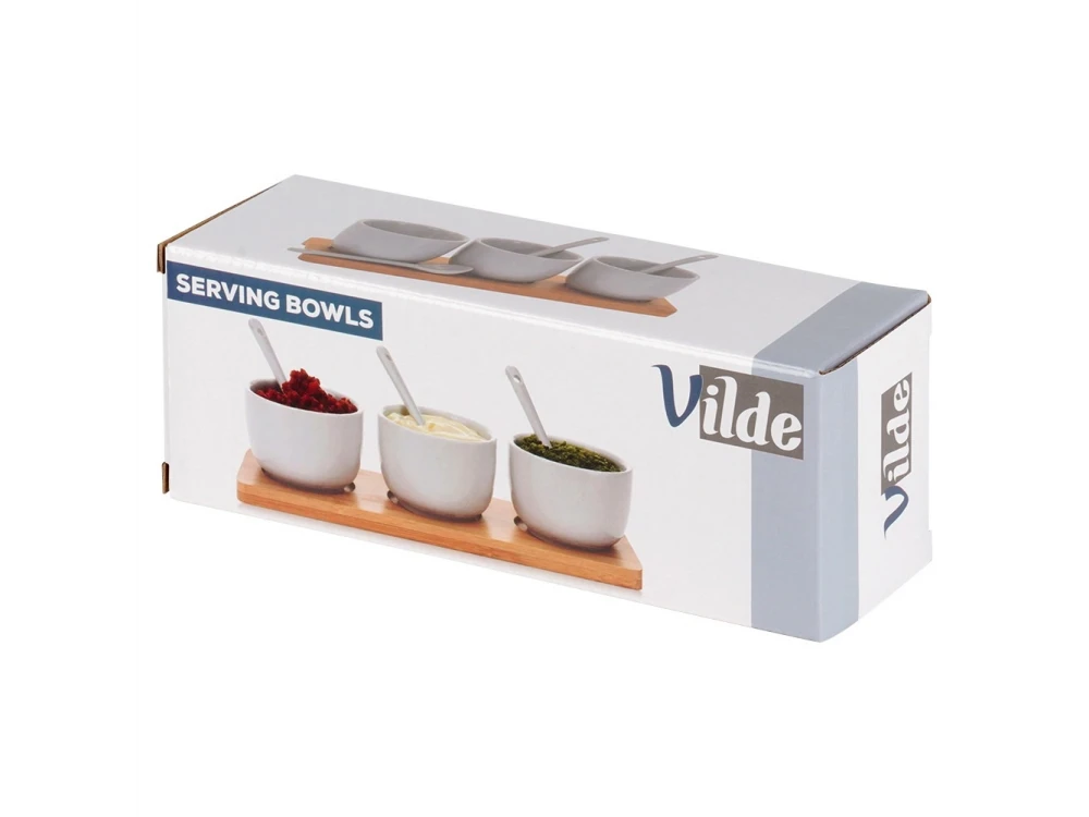 Vilde Snack Bowls with Spoons Ceramic, Set of 3 with Spoons & Bamboo Base, White