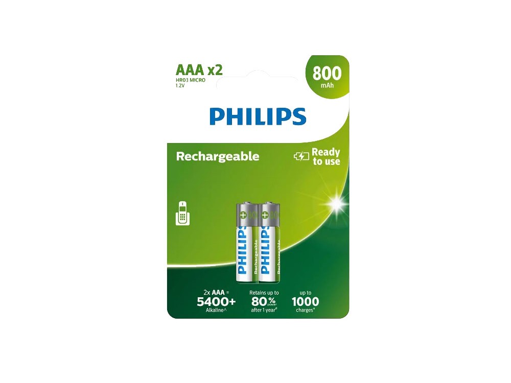 Philips AAA Επαναφορτιζόμενες Μπαταρίες 800mAh Ni-MH Ready To Use 2 Τεμ