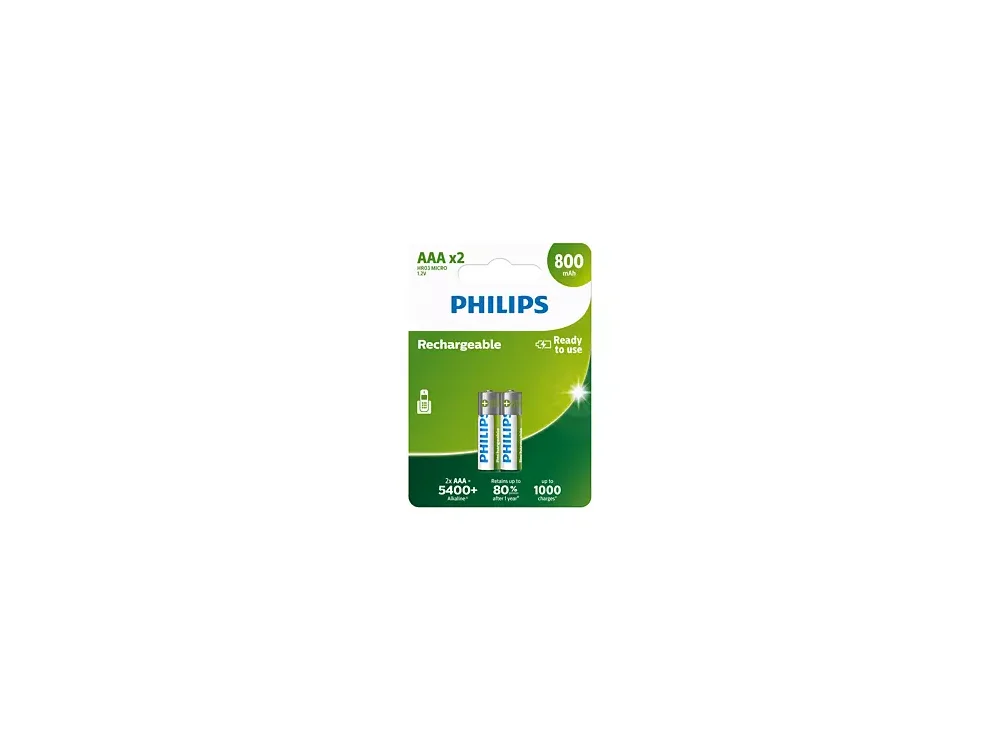 Philips AAA Επαναφορτιζόμενες Μπαταρίες 800mAh Ni-MH Ready To Use 2 Τεμ