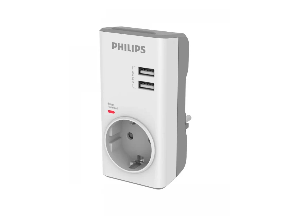 Philips CHP7010W/GRS Surge Protection Adapter, Προστατευτικό τάσης 380J, με 2 Θύρες USB-A & Ένδειξη Λειτουργίας, White