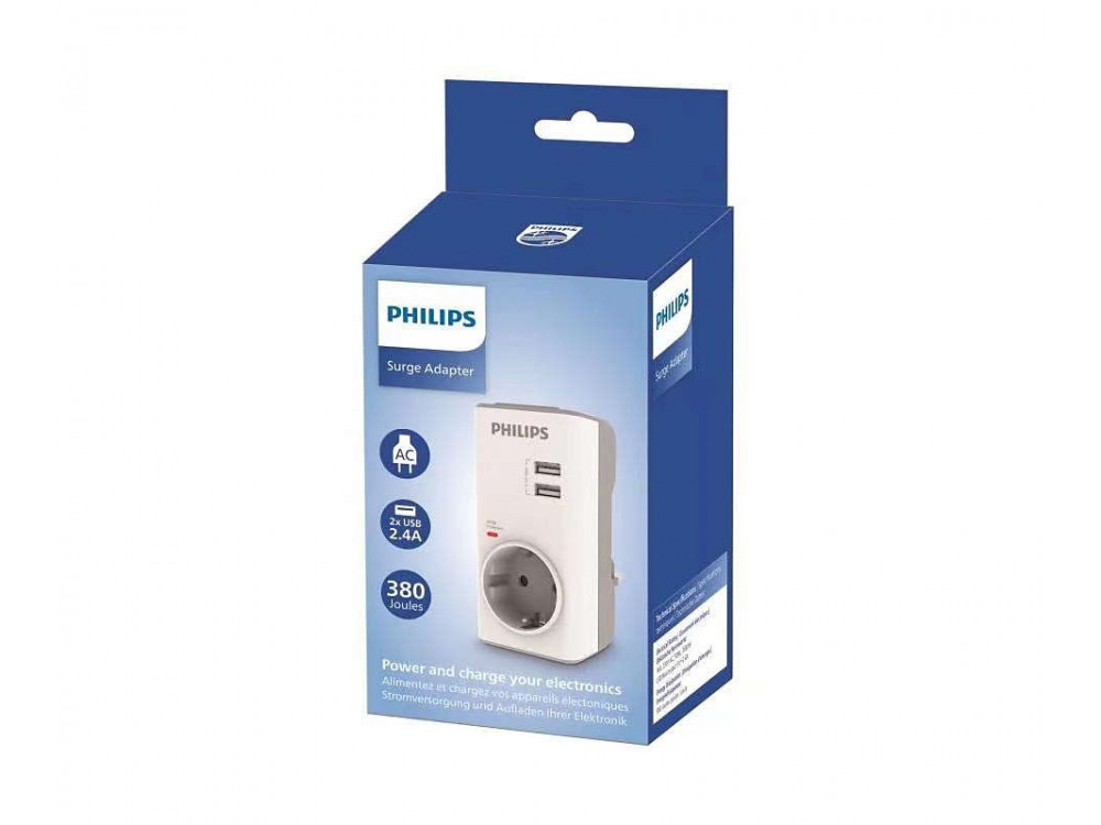 Philips CHP7010W/GRS Surge Protection Adapter, Προστατευτικό τάσης 380J, με 2 Θύρες USB-A & Ένδειξη Λειτουργίας, White