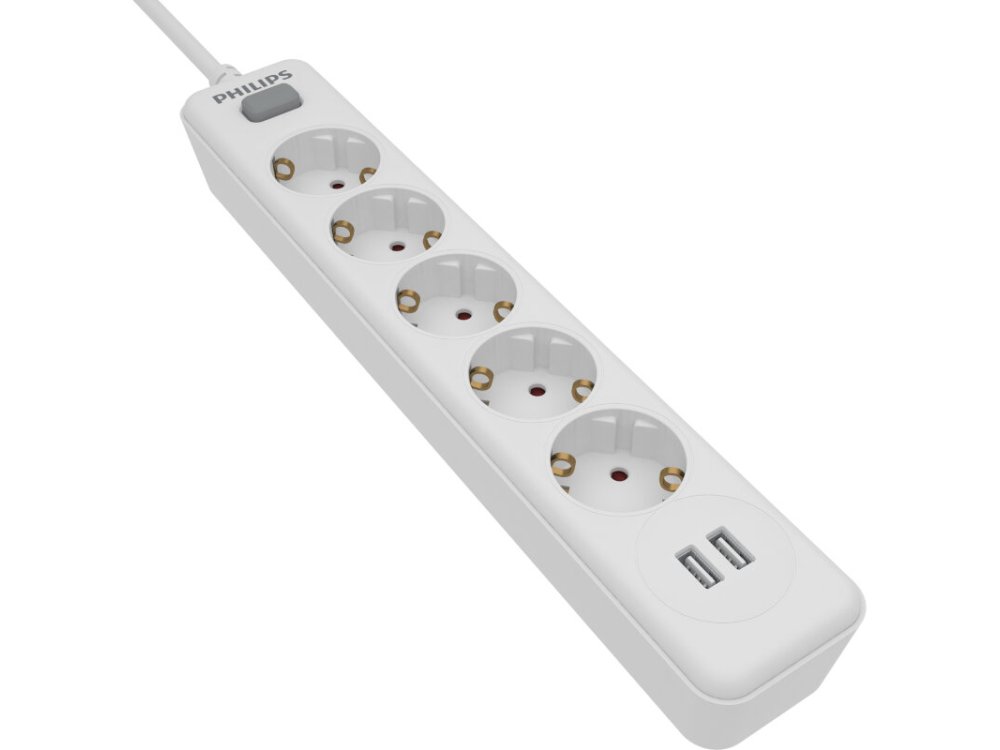 Philisp 5-outlet Power strip, with 5 Plugs and Switches & 2*USB Charging Ports, 1.5M Cable, White
