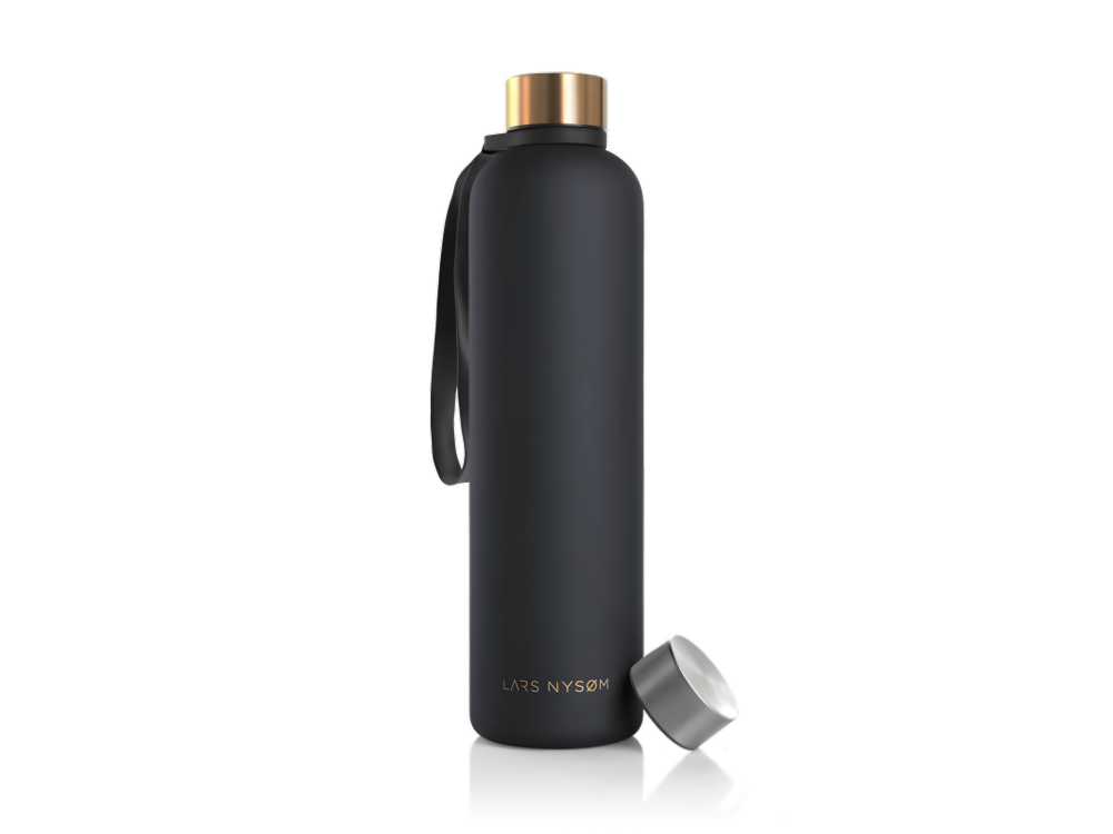 Lars Nysom Blaest Drinking Bottle, 1000ml Tritan Bottle with Consumption Indicators, Strap & Second Cap, Onyx Black Gold