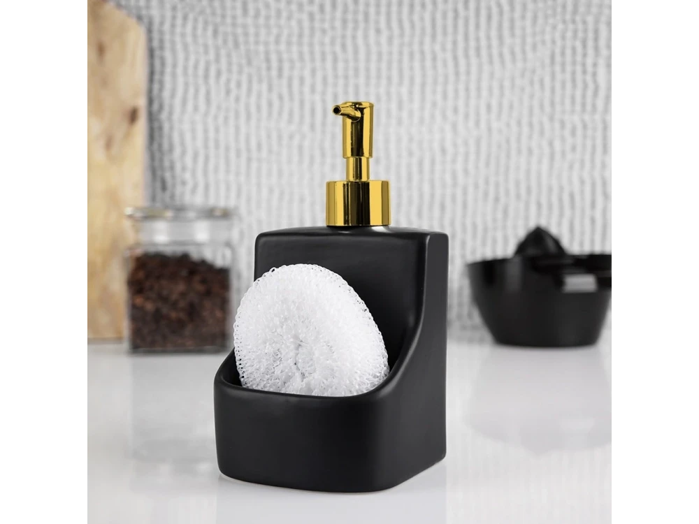 Vilde Kitchen Soap Dispenser Ceramic 400ml with Sponge Holder, set with Sponge, Black
