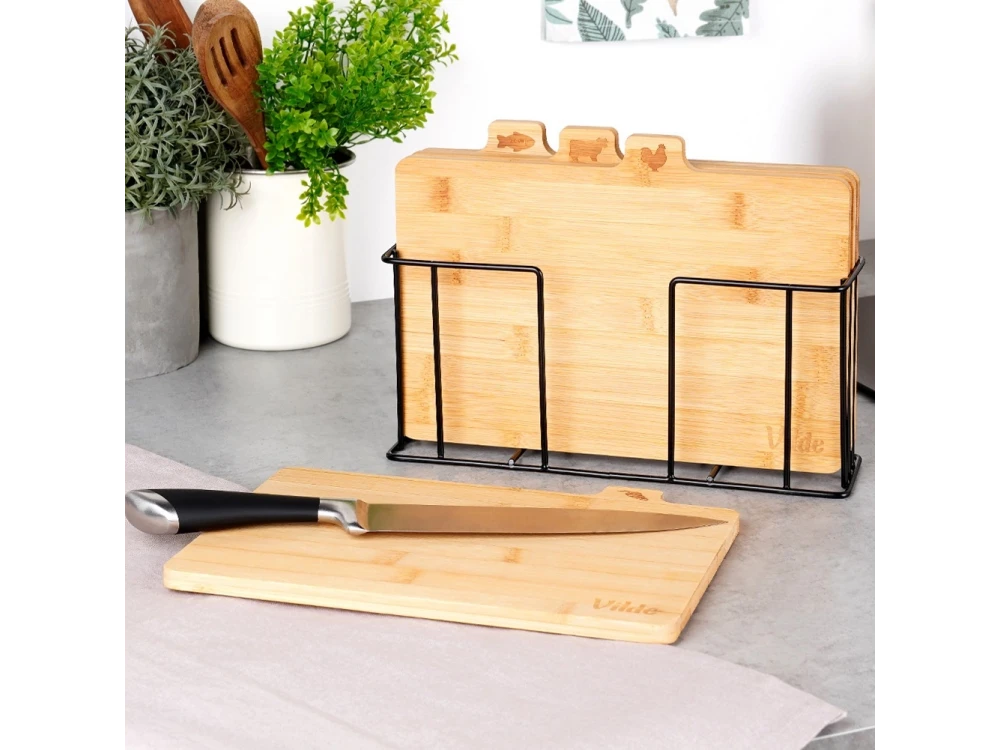 Vilde Premium Chopping Boards Bamboo with Stand, Σετ 4 Επιφάνεις Κοπής από Μπαμπού 28x20cm με Σταντ