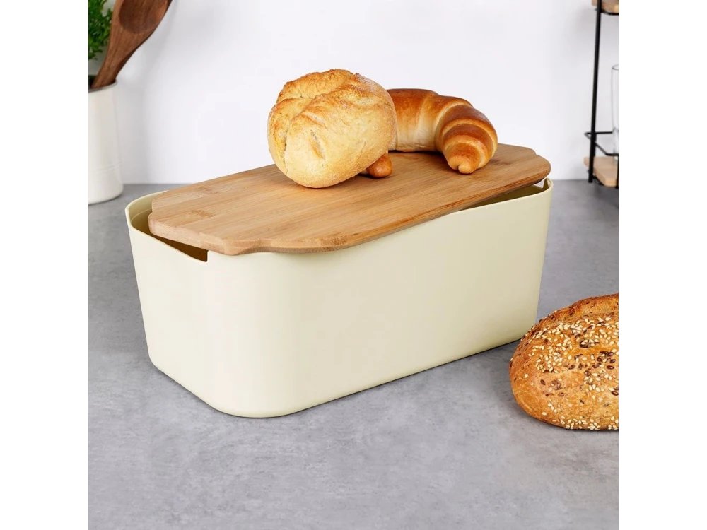 Vilde Premium Bread Bin, Bread Bin with Bamboo Cutting Board 33x18.5x12cm, Cream