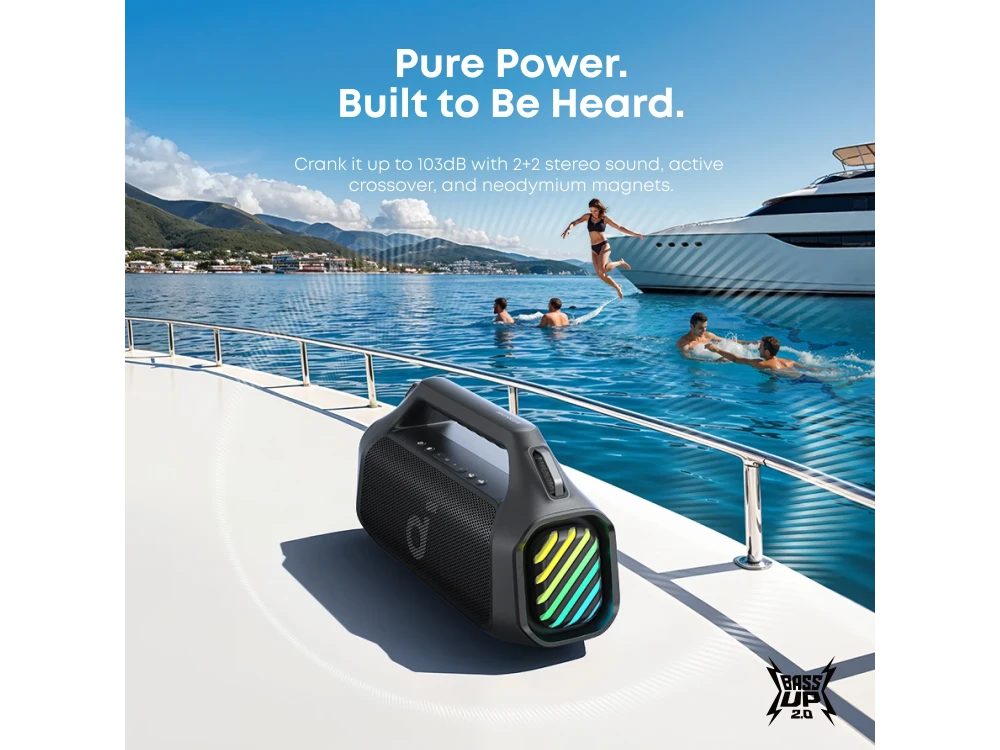 Anker Soundcore Boom 2 Pro Portable Bluetooth Speaker 140W IP68, BassUp 2.0, 2+2 Channels, RGB Lights 20H Playtime, Phantom Black