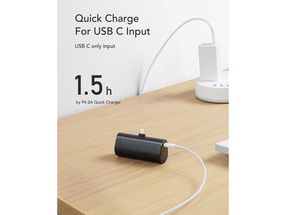 Veger V0556P 5000 PD 22.5W Lightning Mini Power Bank 5.000mAh Power Delivery & QC3.0, Black