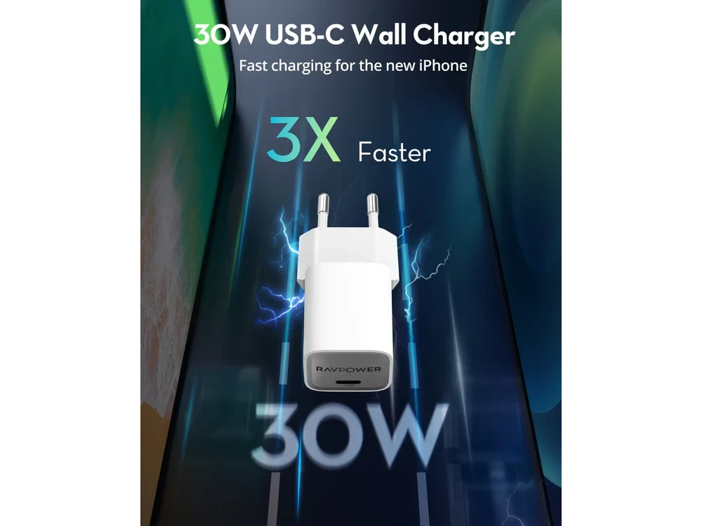 RAVPower RP-PC1056 Φορτιστής πρίζας 30W Type-C με GaN 5.0 PD, White