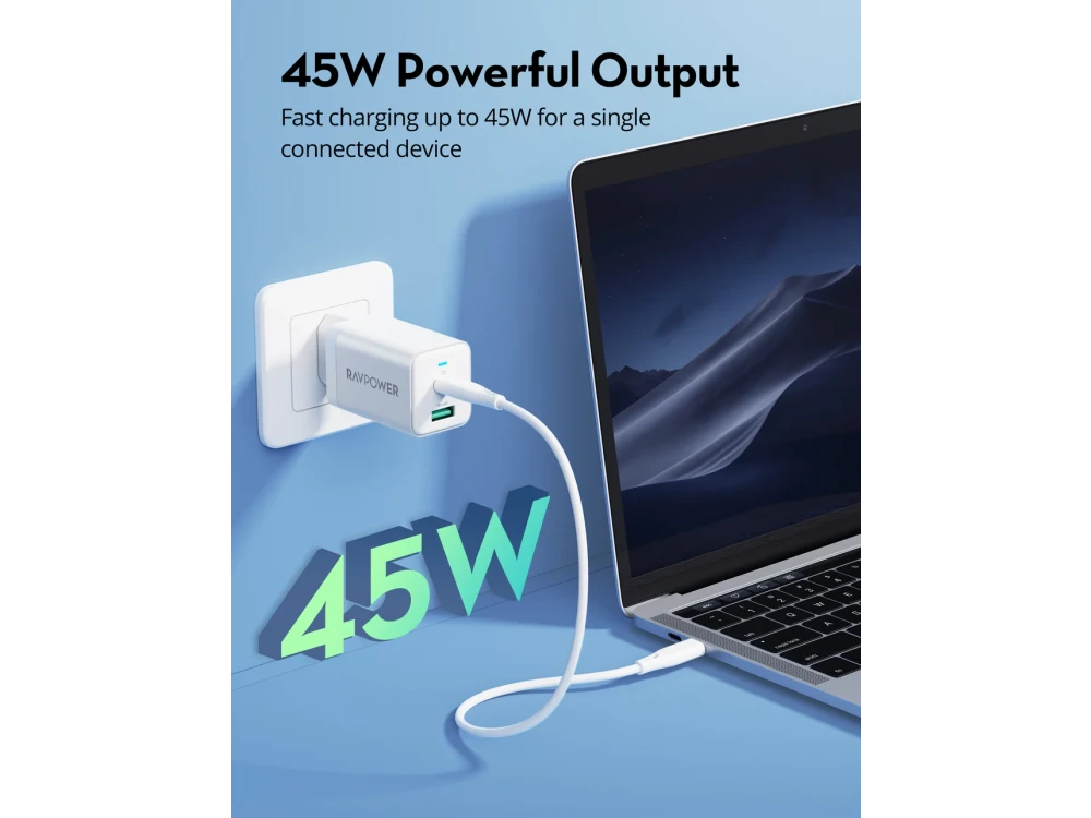 RAVPower RP-PC171PD 2-Port PD Fast Charger, 2-Port 45W GaN Wall Charger with Power Delivery & QC3.0, White