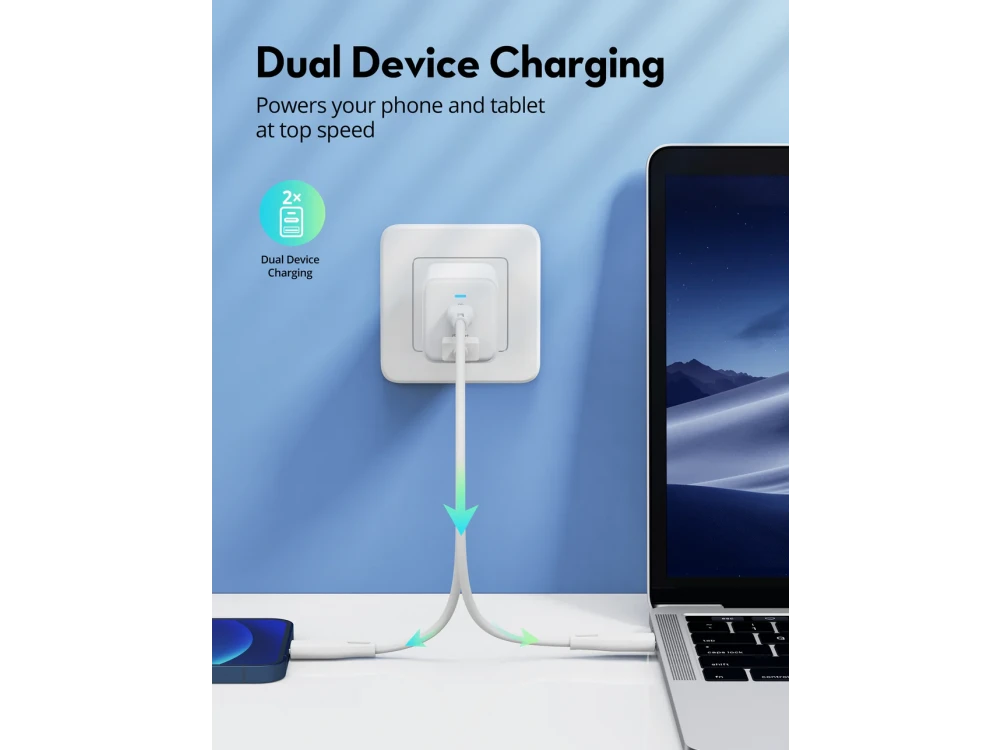 RAVPower RP-PC171PD 2-Port PD Fast Charger, 2-Port 45W GaN Wall Charger with Power Delivery & QC3.0, White