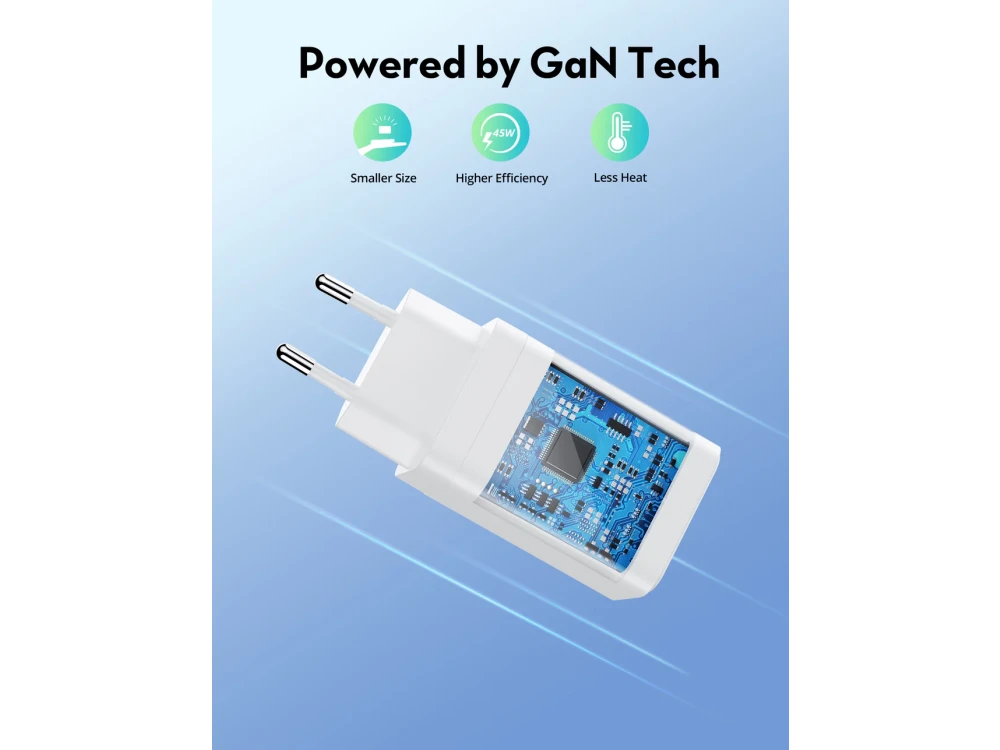 RAVPower RP-PC171PD 2-Port PD Fast Charger, 2-Port 45W GaN Wall Charger with Power Delivery & QC3.0, White