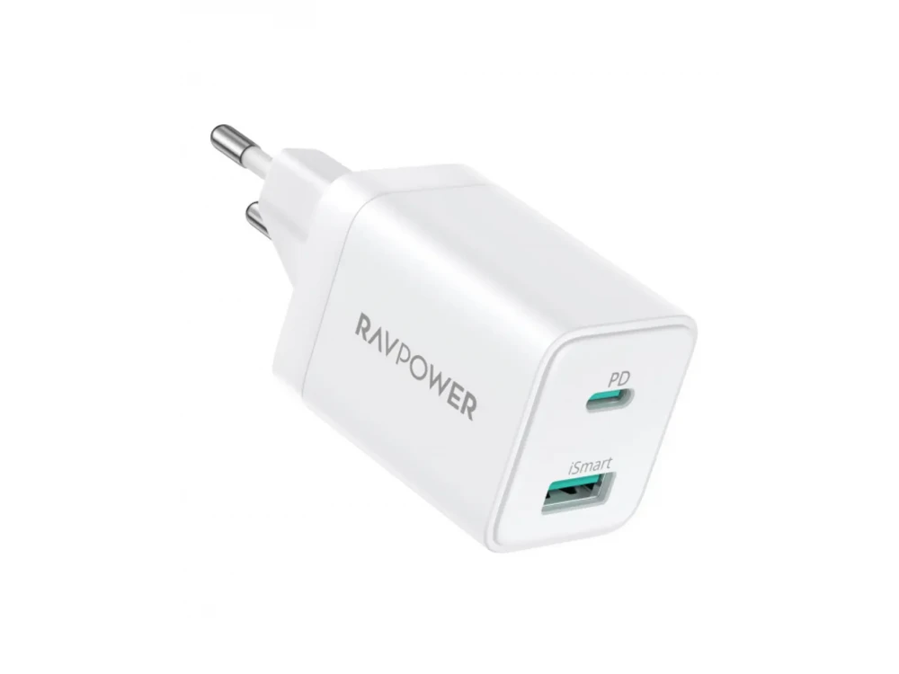 RAVPower RP-PC171PD 2-Port PD Fast Charger, 2-Port 45W GaN Wall Charger with Power Delivery & QC3.0, White
