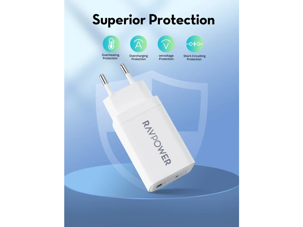 RAVPower RP-PC171PD 2-Port PD Fast Charger, 2-Port 45W GaN Wall Charger with Power Delivery & QC3.0, White
